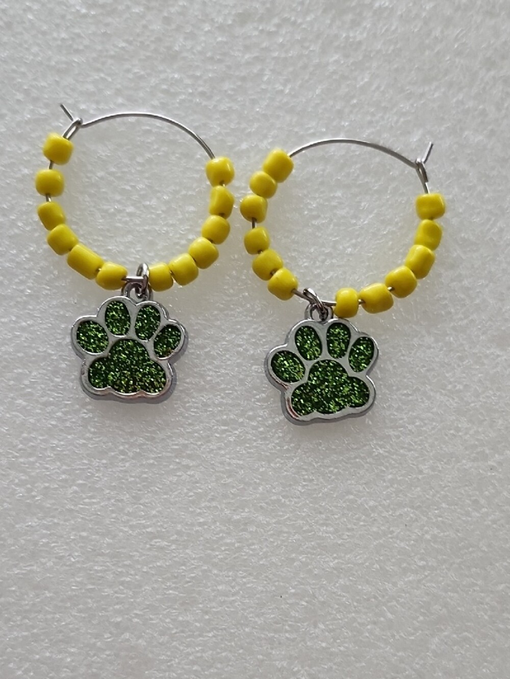 Hand Crafted Yellow Beaded Hoop Earrings with Green Glitter Paw Charms